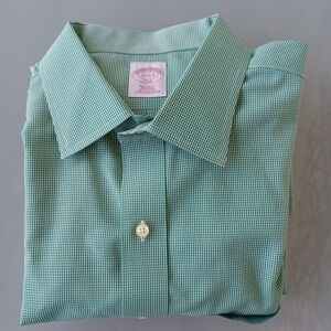 Brooks Brothers 346 Mens Green Gingham Non-Iron Dress Shirt 17 2/3 Reg‎ Cotton